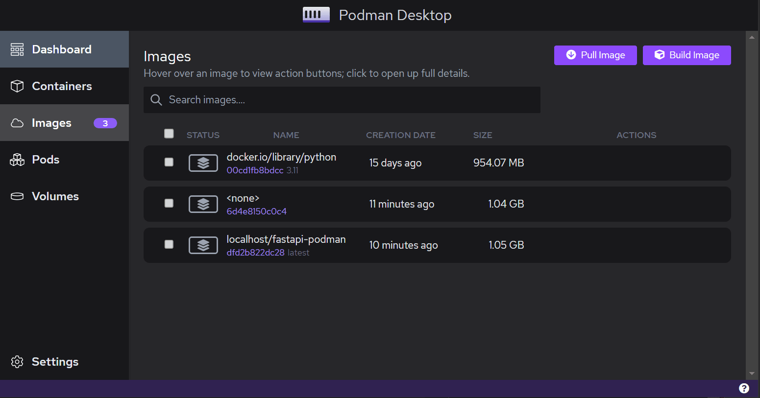 Podman Desktop showing downloaded and built images: Python 3.11, intermediate requirements-stage and final fastapi-podman