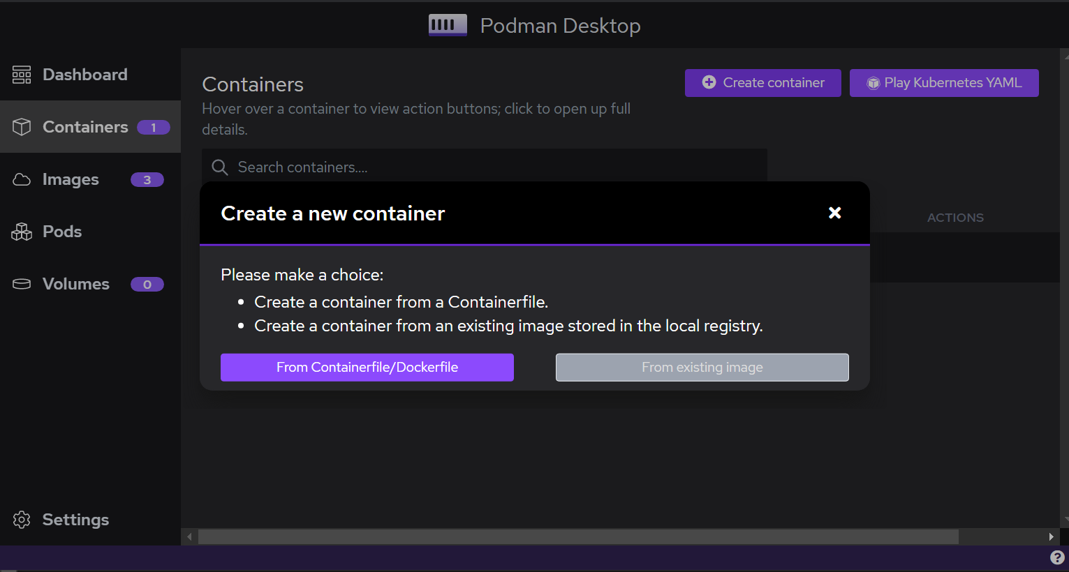 Podman Desktop dialog "Create container from Containerfile"