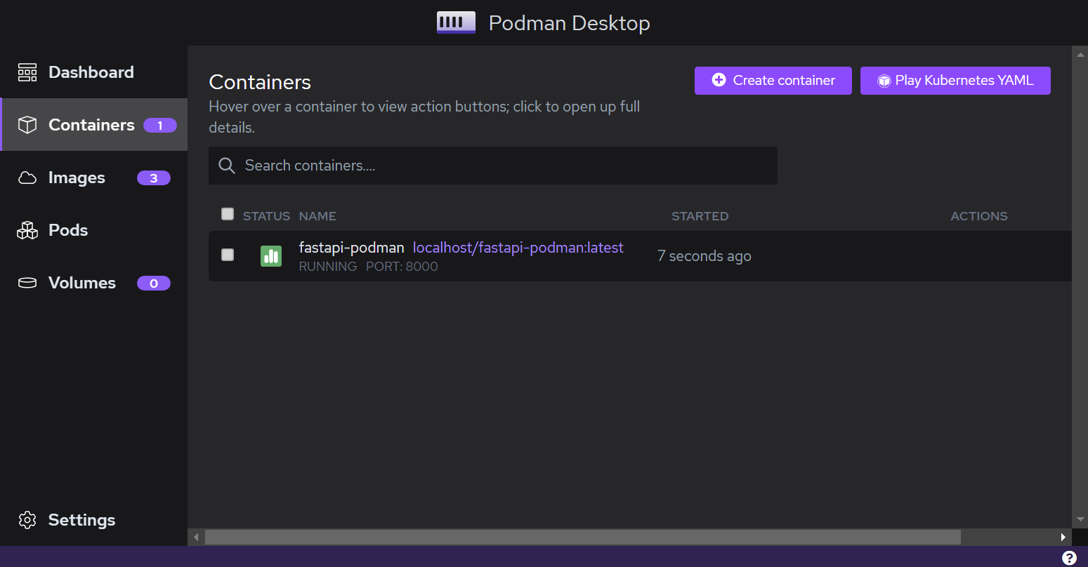 Podman Desktop showing a running FastAPI container