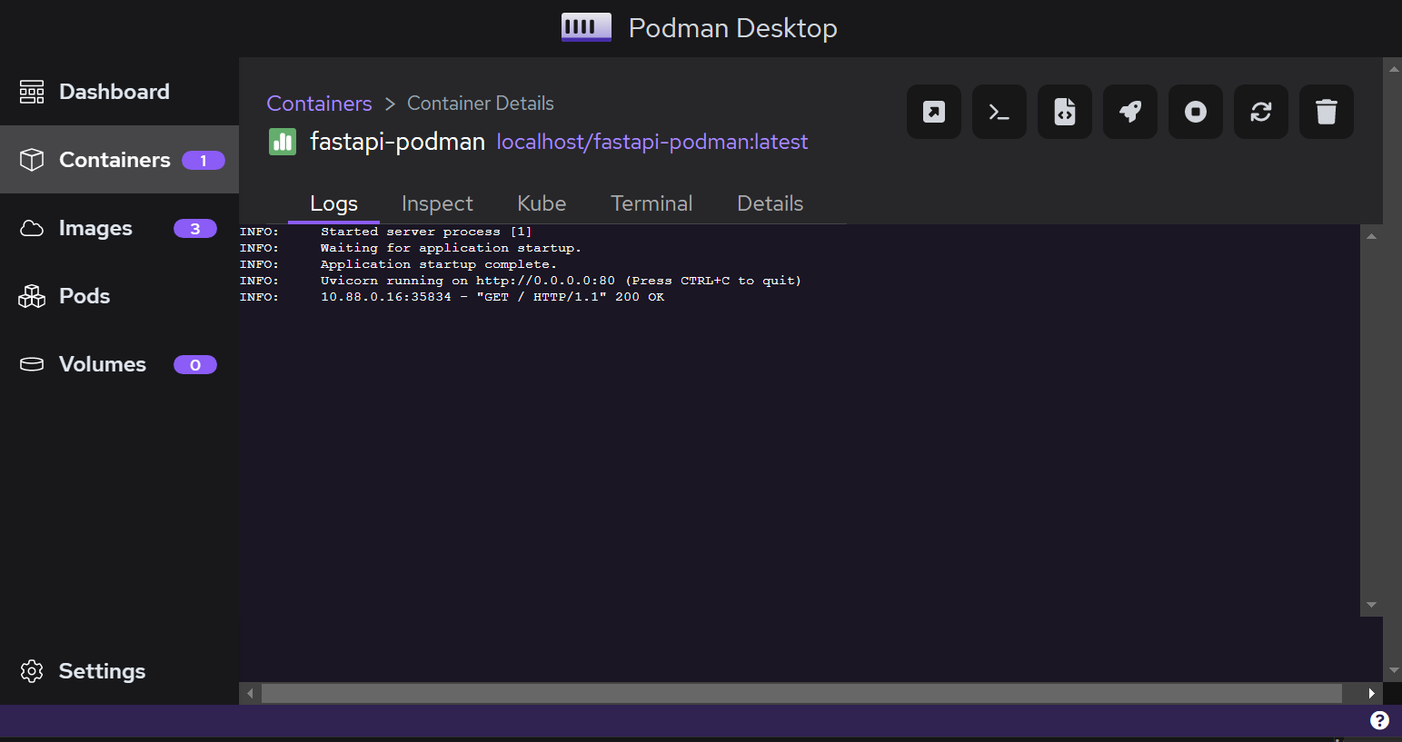 Podman Desktop showing FastAPI container logs