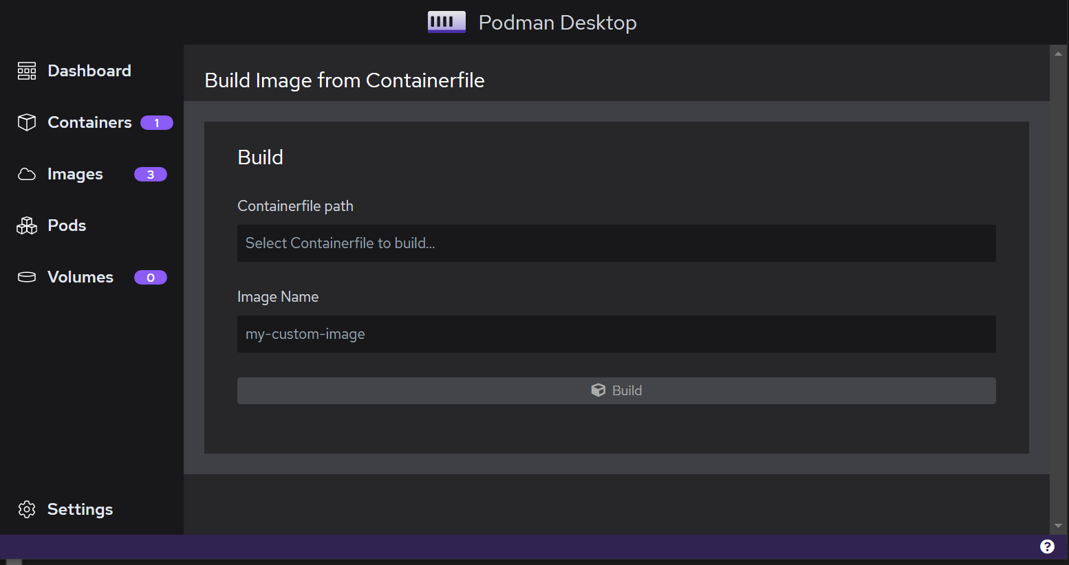 Podman Desktop dialog “Build image from Containerfile”