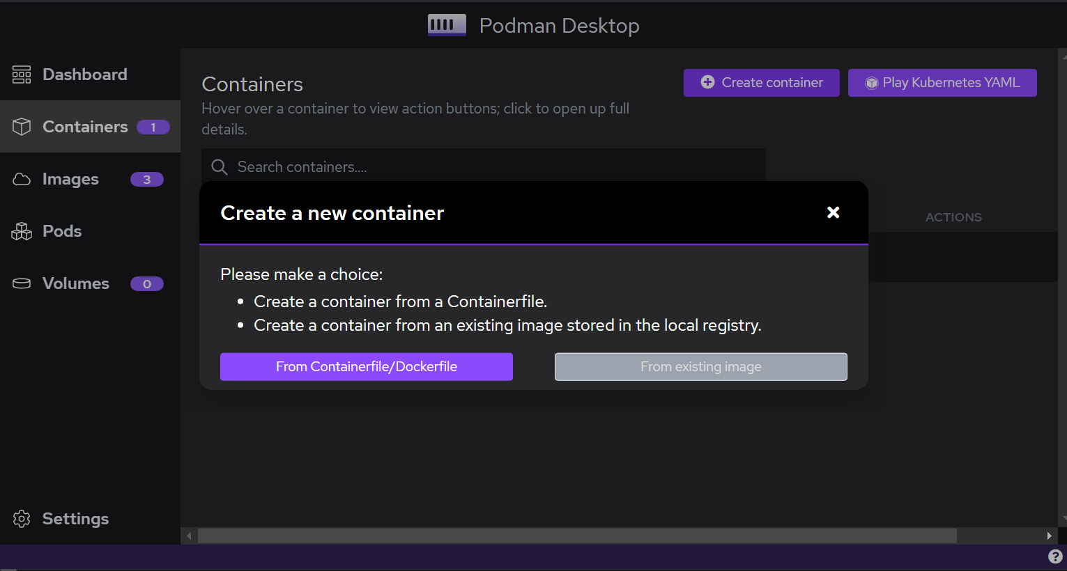 Podman Desktop dialog “Create container from Containerfile”