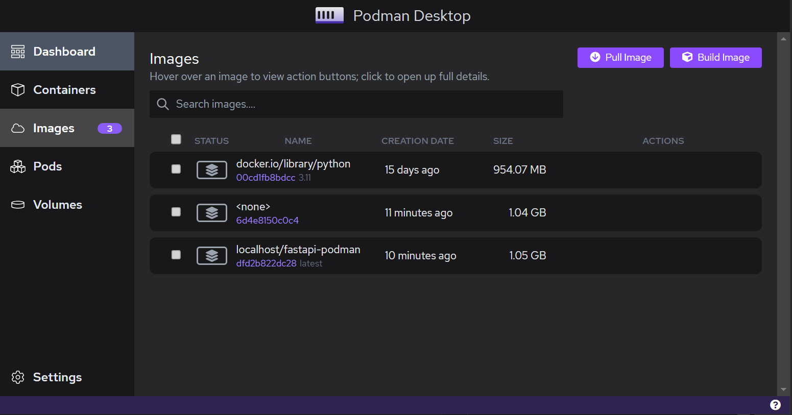 Podman Desktop showing downloaded and built images: Python 3.11, intermediate requirements-stage and final fastapi-podman
